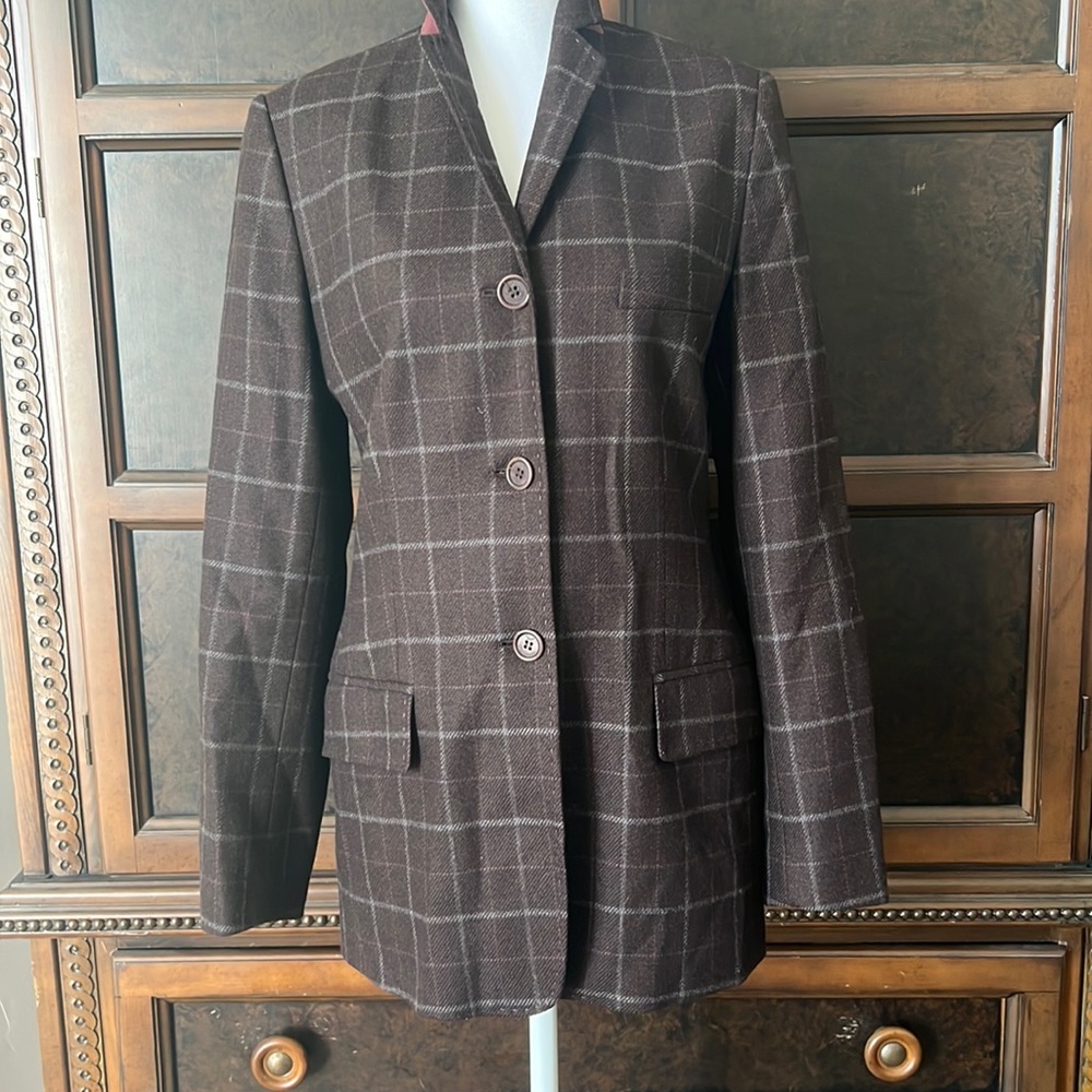 Windowpane plaid blazer. Beautiful shade of plum with grey plaid